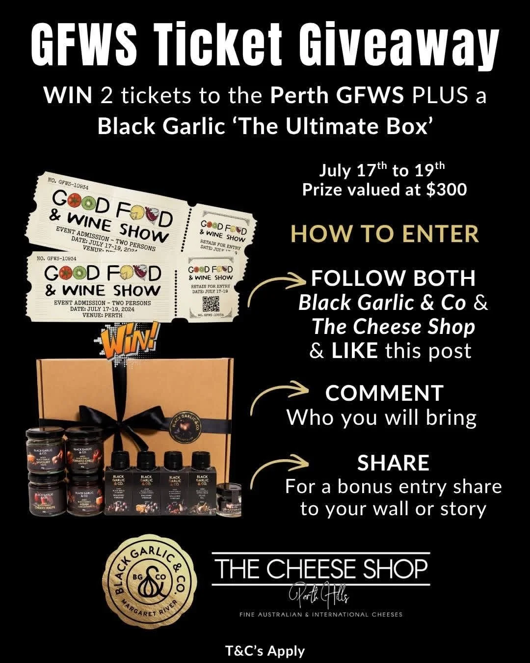 🧀 Win the ultimate Good Food &amp; Wine Show Experience! 🍷

We're teaming up with our friends at @black_garlic_and_co to send one lucky foodie to the Perth Good Food &amp; Wine Show @goodfoodwine! 

Prize includes (valued at over $300):
🎟️ 2 x Tic