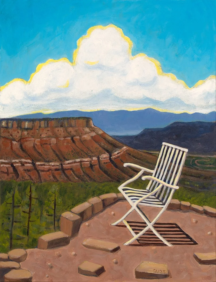 Ghosts of the Gallina
 26" x 20", acrylic on canvas
Hiking among the ancient stones of the mysterious Gallina people in Northern New Mexico, I came upon an empty chair on a ledge. 