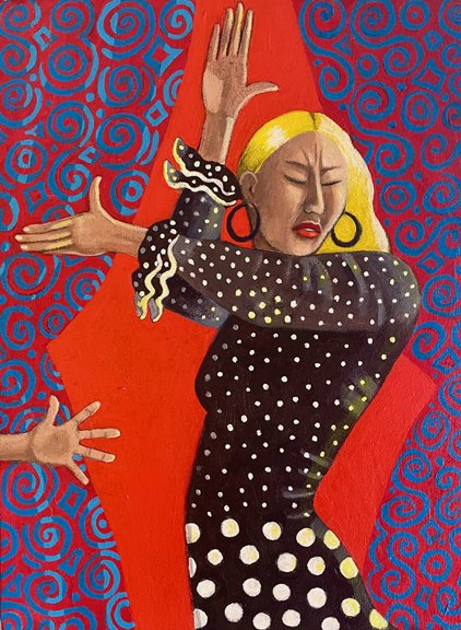 La Sevillana
Acrylic on canvas, 21" X 16"
This is a portrait of a dancer in Sevilla.  The hand on the left belongs to a singer.