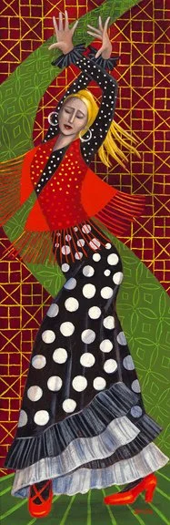 The Moon and the Stars
36"x12", Acrylic on canvas
I saw this beautiful dancer performing in a small club in Sevilla.  The polkadots on her dress symbolize the moon and the stars.