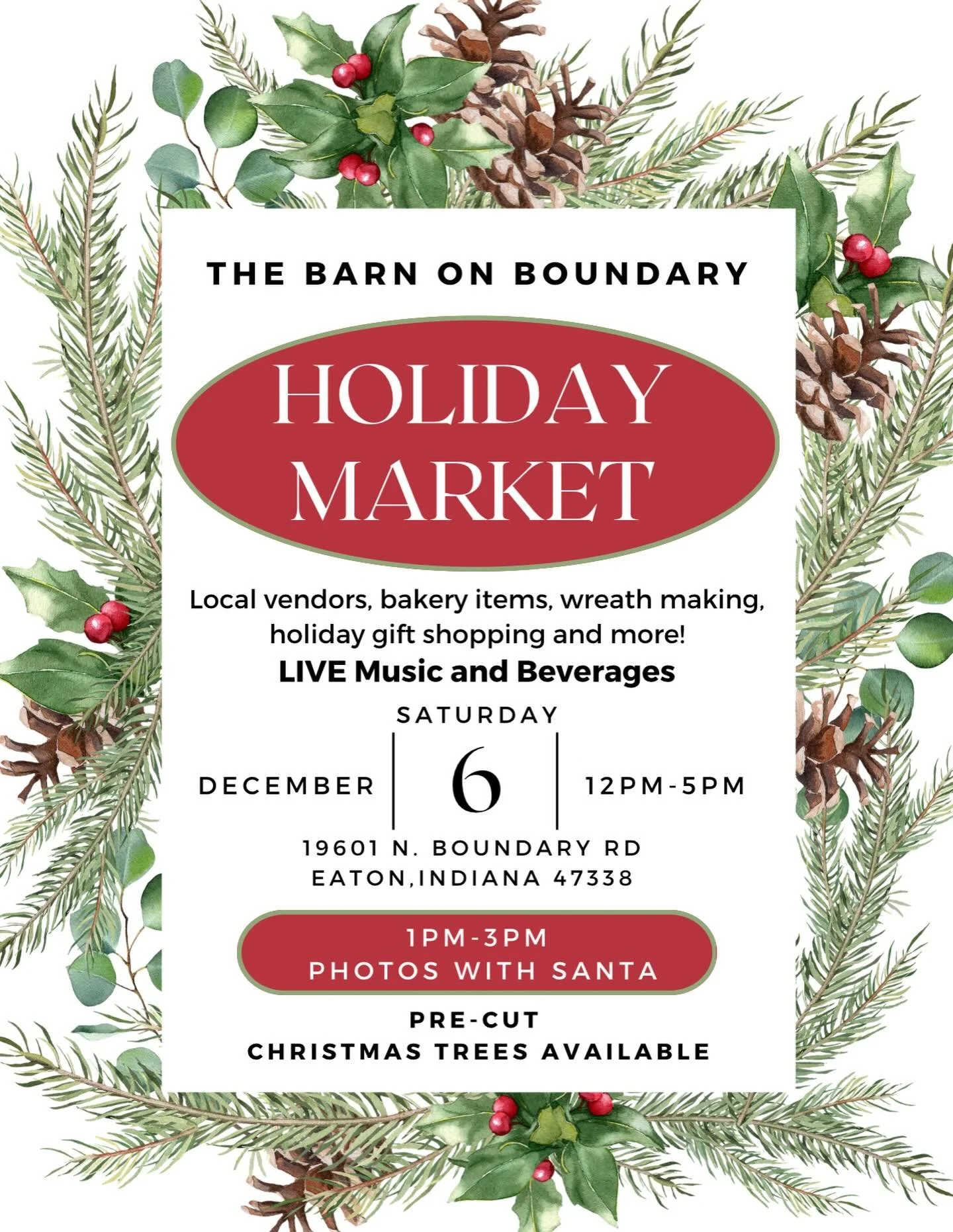 Bring your family and friends to enjoy a festive event here at the barn! Our annual Holiday Market this Saturday will have amazing local vendors, food and bakery items, wreath making classes, fresh cut Christmas trees, beer/wine and Santa will be joi