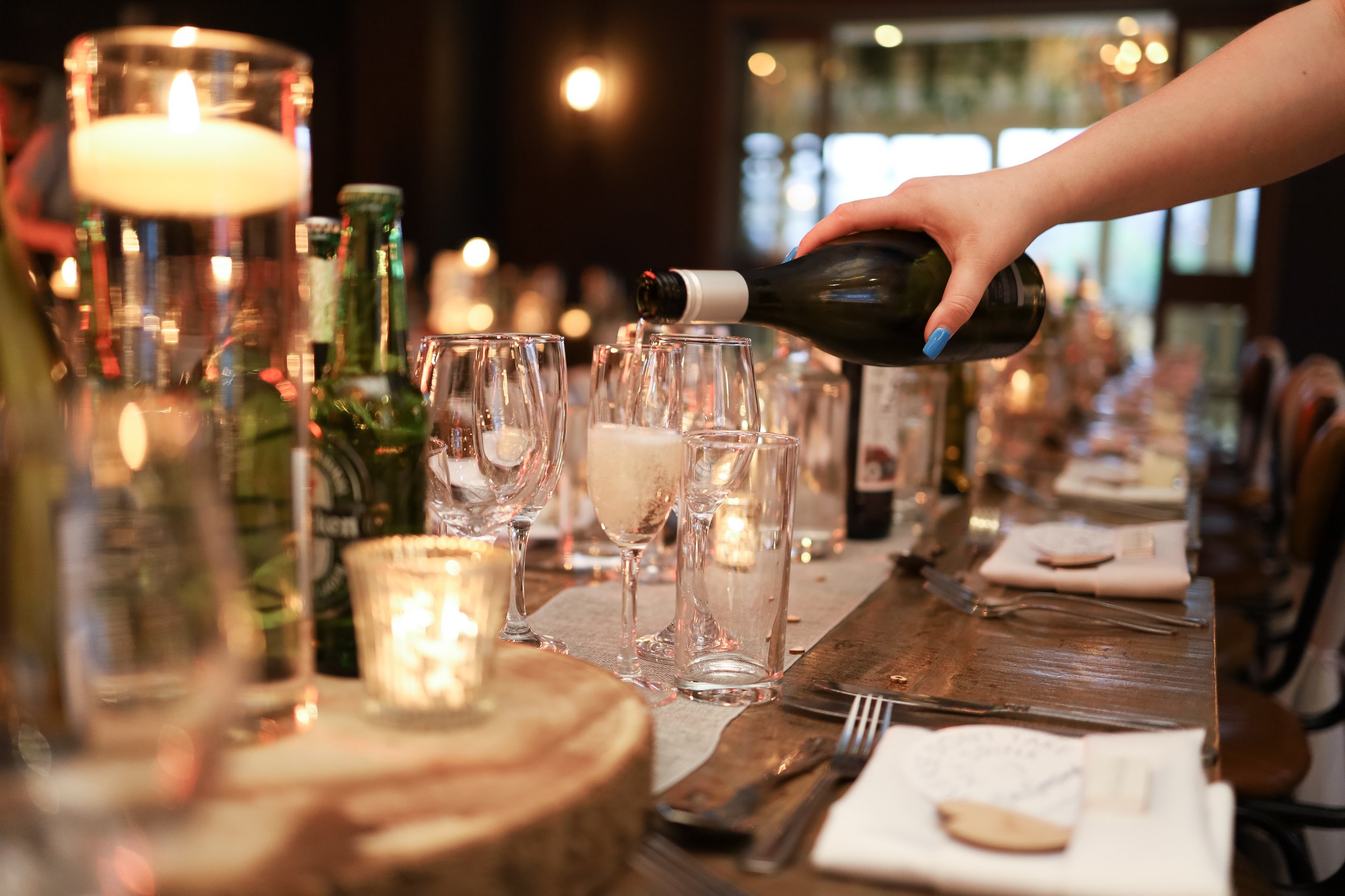 Wedding reception drinks being poured
