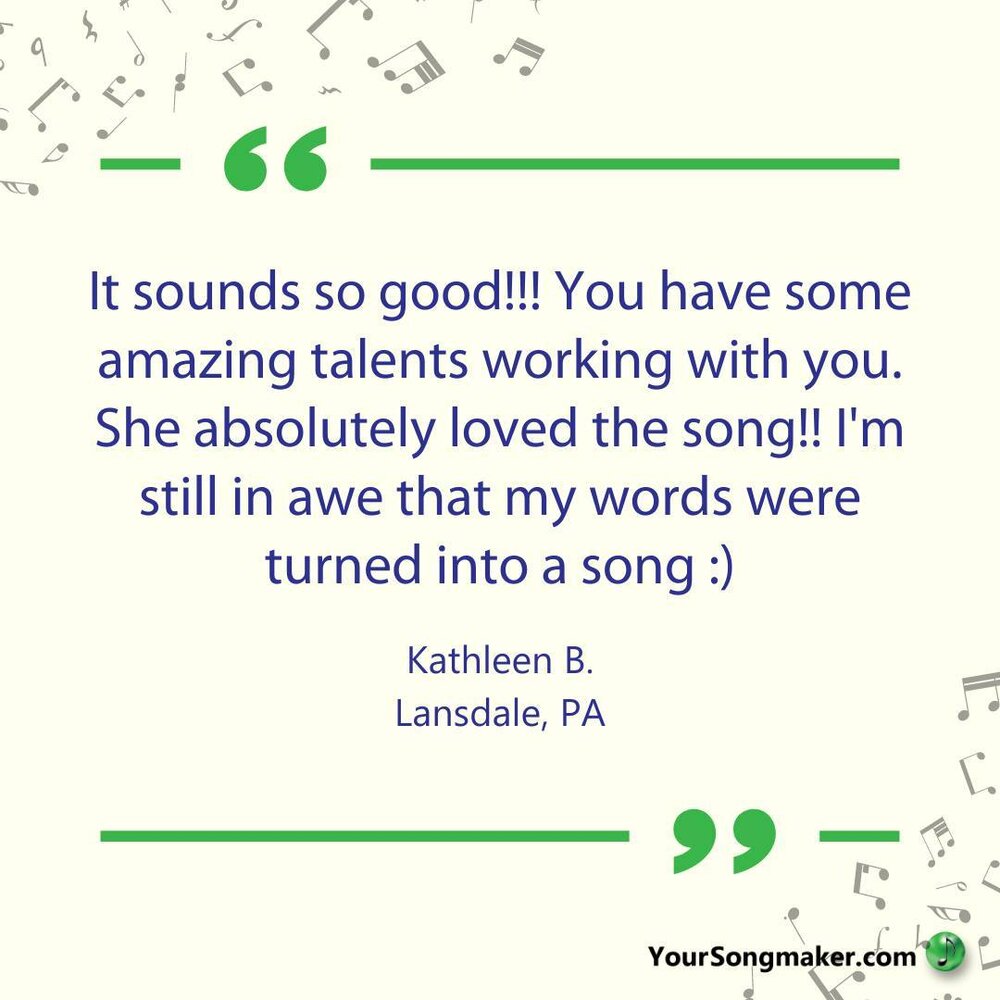 What our clients are saying means the world to us. Just as much as your story means to you!

Check us out today: www.yoursongmaker.com

#songwriting #songlyrics #lyricwriting #customsong #clientappreciation #clienttestimonial #clientthanks #lyricwrit