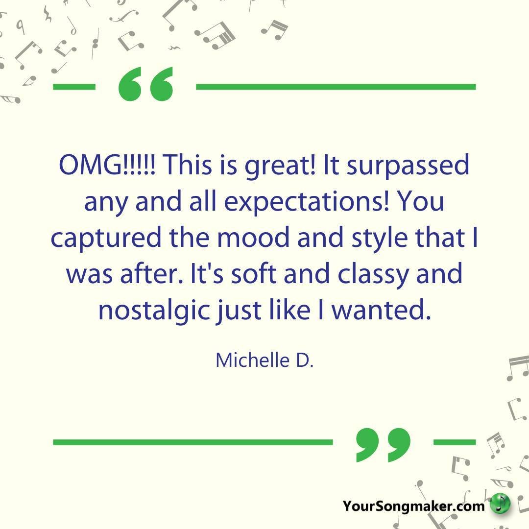 What our clients are saying means the world to us. Just as much as your story means to you!

Check us out today: www.yoursongmaker.com

#songwriting #songlyrics #lyricwriting #customsong #clientappreciation #clienttestimonial #clientthanks #lyricwrit
