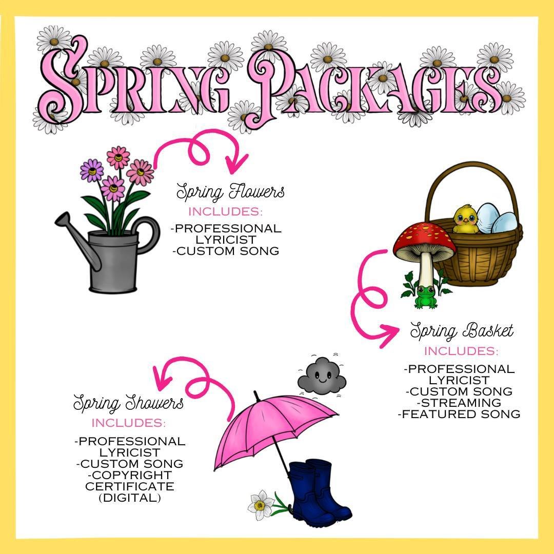 Spring Packages available for limited time! Shop while they're still here! 🌷

https://www.yoursongmaker.com/spring-packages 🌷

#customsong #custommusic  #SpringPackages #LimitedTimeOffer #ShopNow #SpringDeals #SpringShopping #MusicLovers