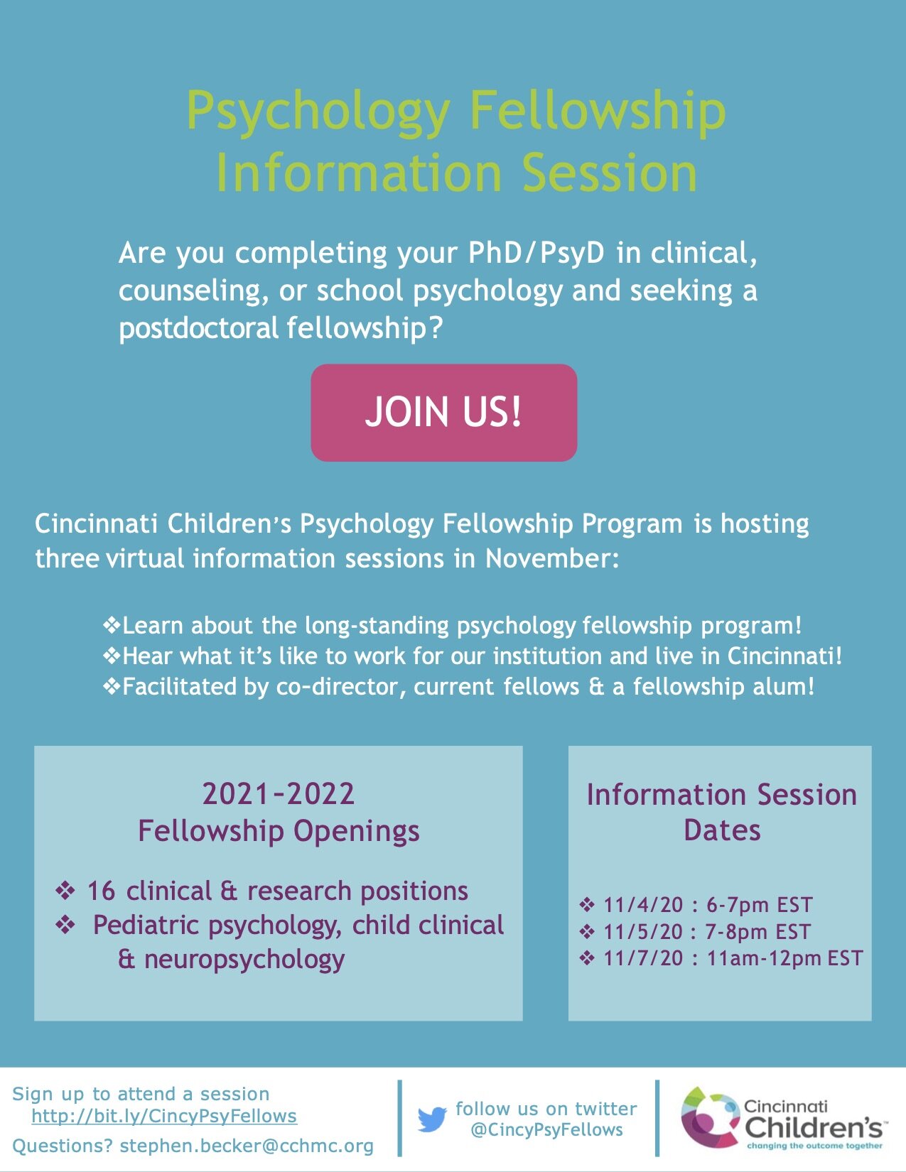 Cincinnati Children's Psychology Fellowship Program info sessions