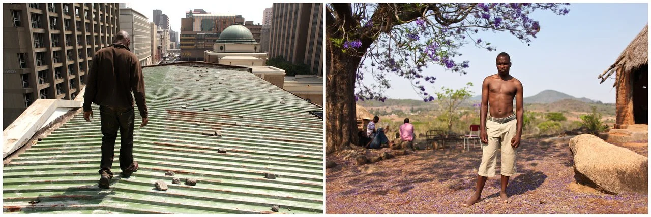  Reymond Mapakata on the roof of the Central Methodist Church in Johannesburg, the "biggest inside refugee camp in South Africa." (left) Reymond in his home village, Bikita, Zimbabwe. Mapakata fled his home in Zimbabwe to "seek greener pasture" in So