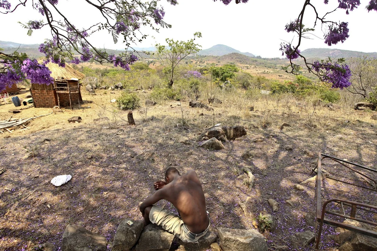  Reymond Mapakata , sits under a Jacaranda tree in his village which is located in the region of Bakita in Zimbabwe. Raymond left his home to seek "greener pastures" in South Africa. The village is about a 40 minute hike from the closest shops. Thous