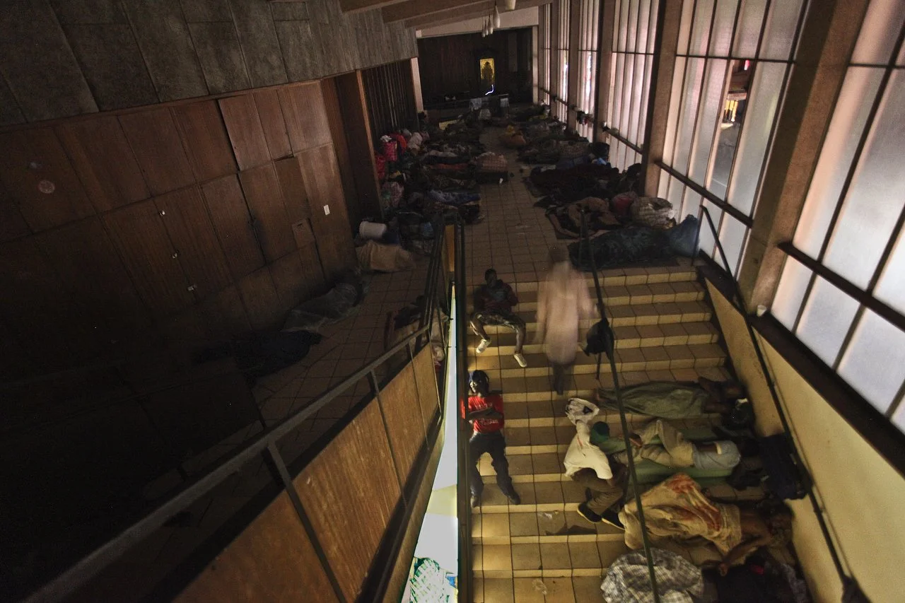  People sleep on the floor in the Central Methodist Church in Johannesburg South Africa. The church has an official capacity of 1,500 people. At night, more than 2,000 patrons occupy every floor space available. The church has been a sanctuary for th