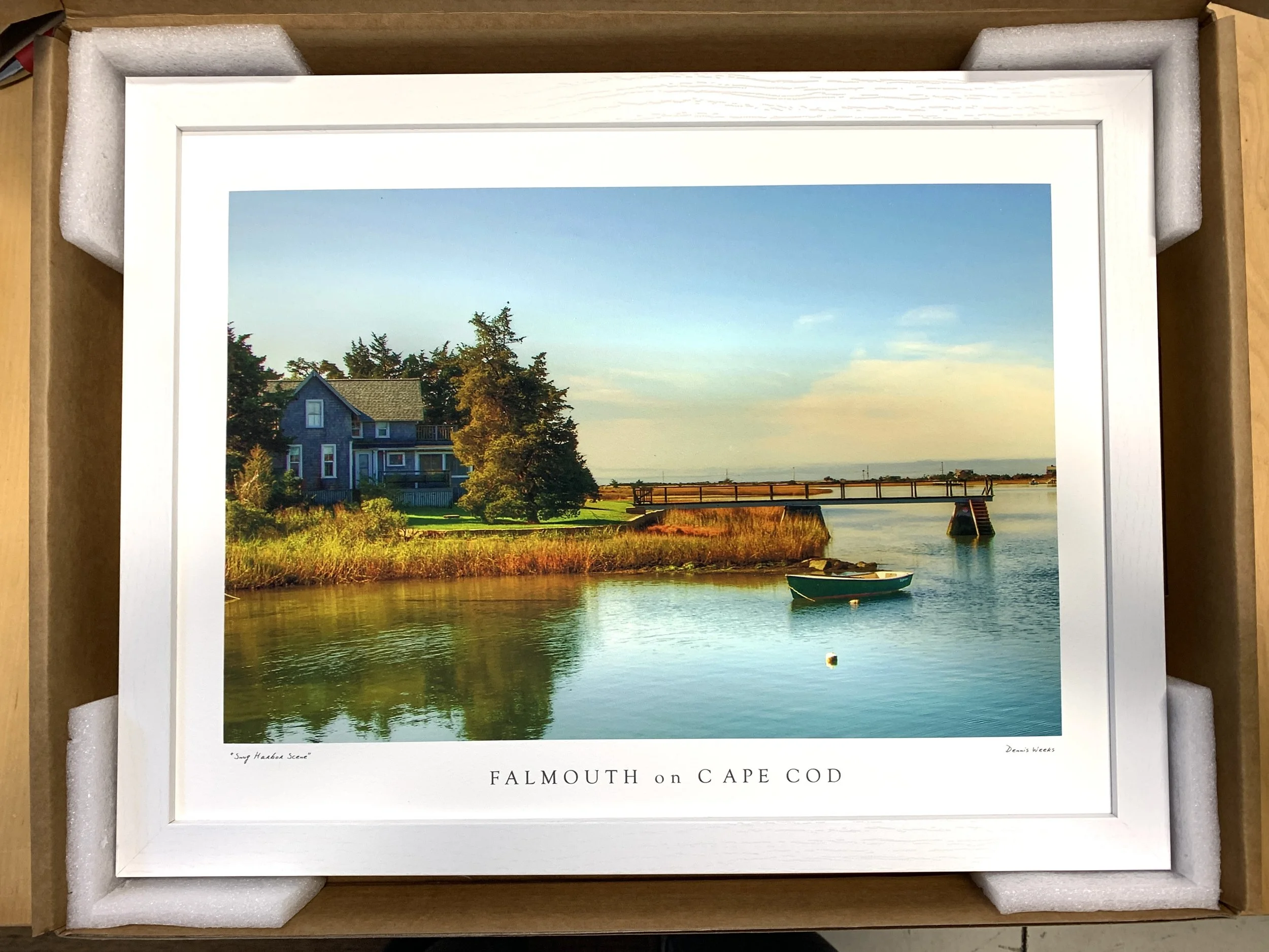 Snug Harbor by Dennis Weeks. 12x16 pigment ink print on rag paper. Pressed in a white wood frame by backing board. $95