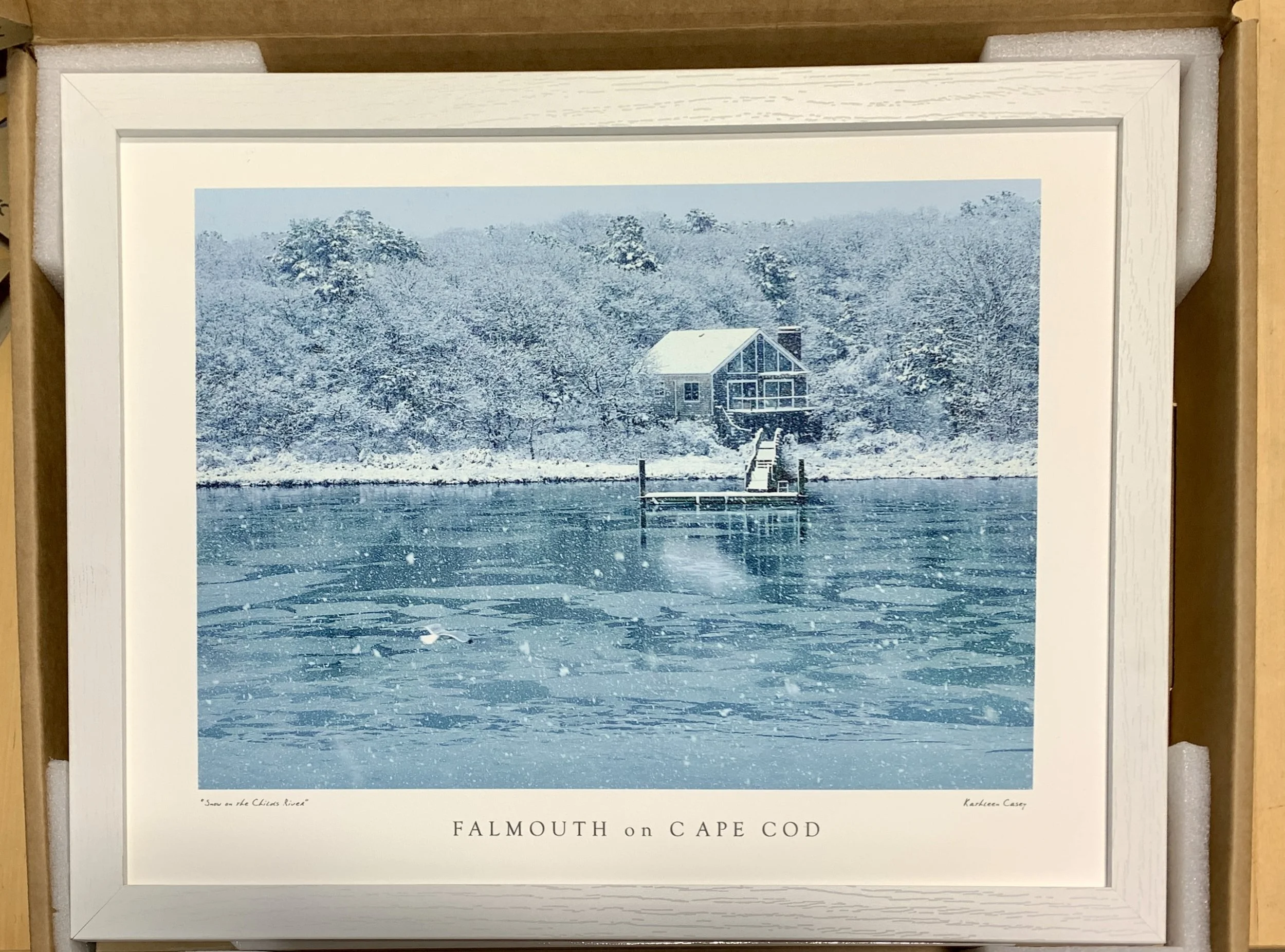 Snow on the Childs River. 12x16 pigment ink print on rag paper. Pressed in a white wood frame by backing board. $95