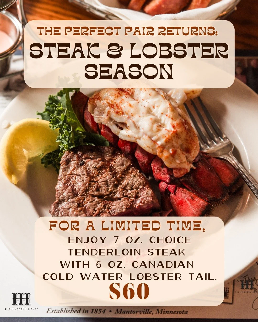 ⚡️It's back!⚡️
Steak & Lobster available daily, Wednesday - Sunday, now through November 30th, for only $60. Don't miss out!