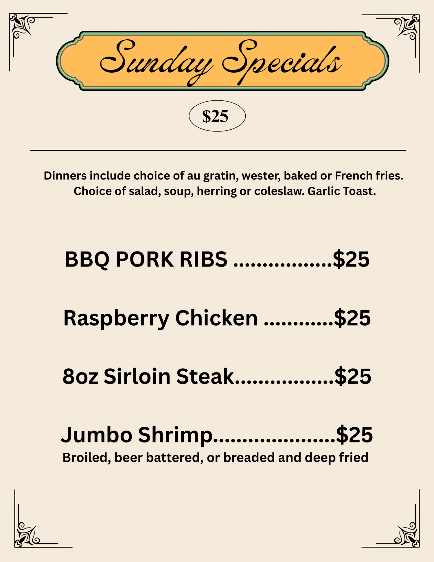 $25 Sunday Specials — The Hubbell House