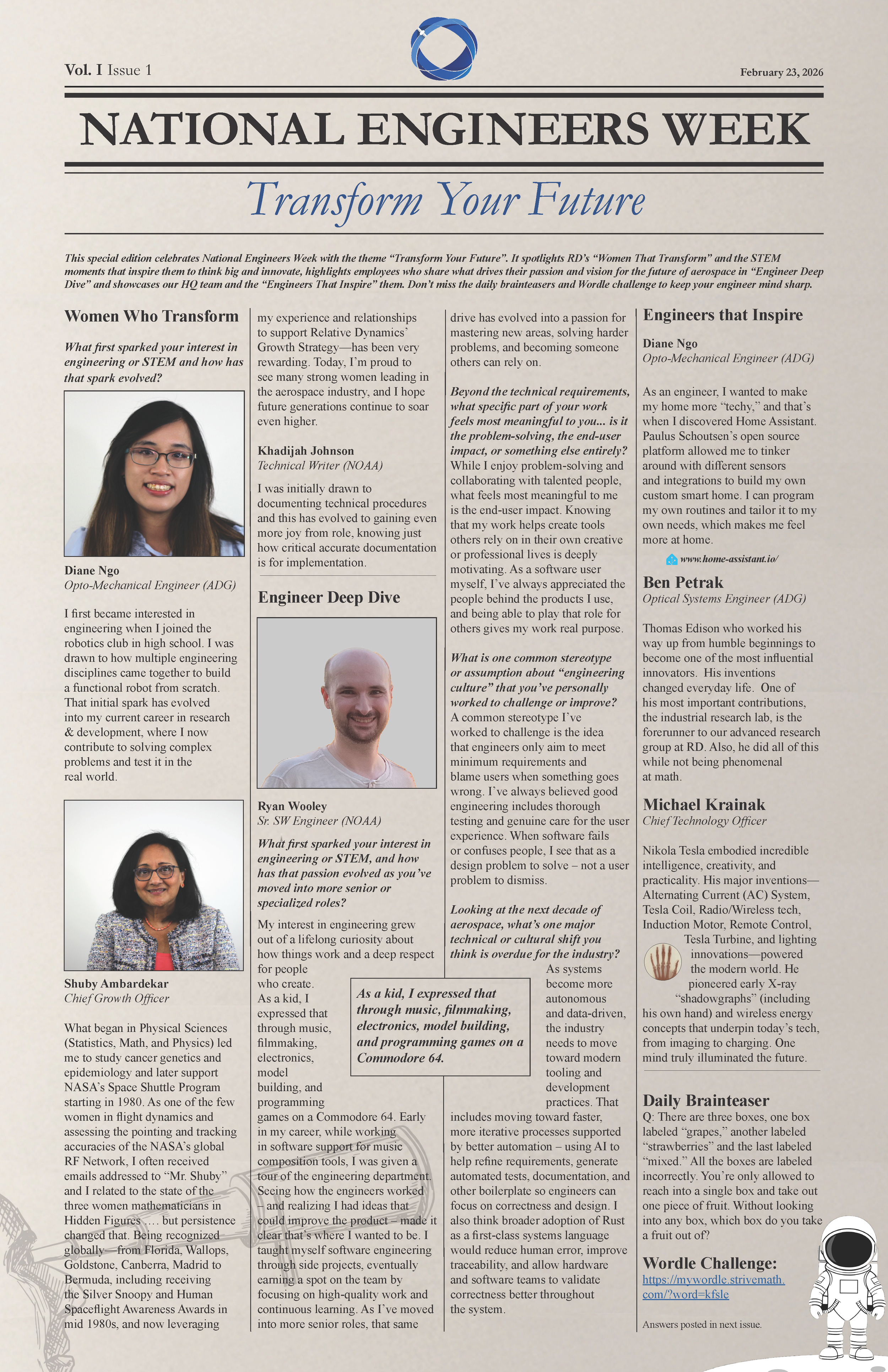 A newspaper page celebrating National Engineers Week, dated February 23, 2026, featuring articles and photos of two women and one man. It highlights engineering achievements, inspiring engineers, and includes student and professional profiles.