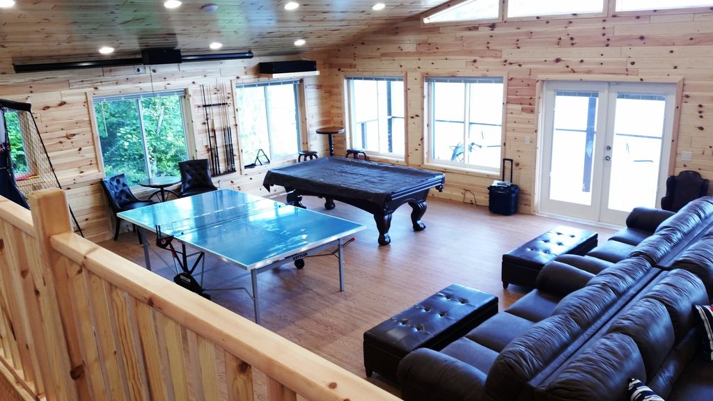 Gathering-Game Rm is 885 sq ft has ping pong & pool tables. Walk out to deck.
