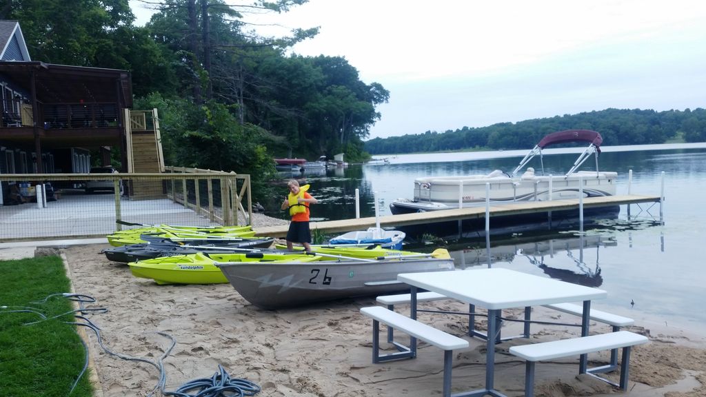 Sandy gentle-slope beach is 80 ft long x 20 ft wide. Kayak racks to come.