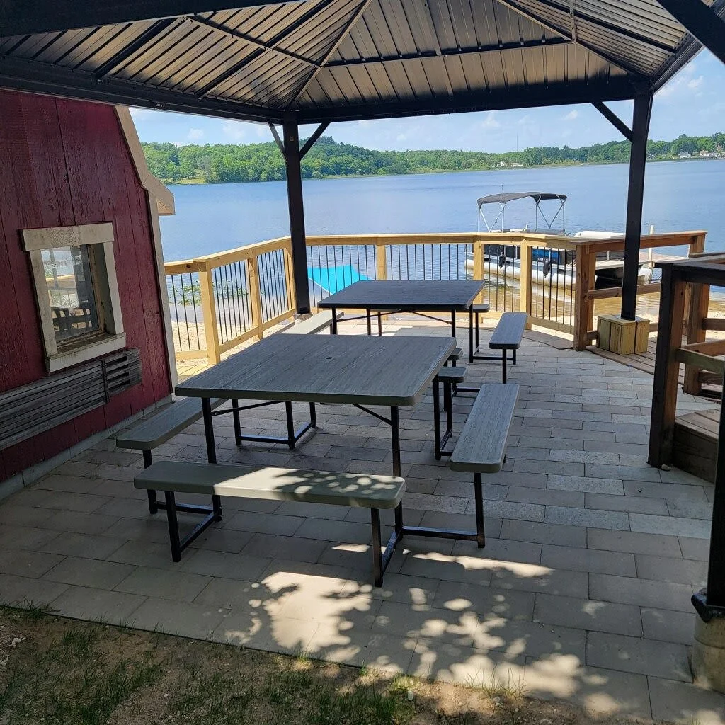 New Gazebo next to the Log Cabin overlooks the beach. Great spot to hang out at the lake!