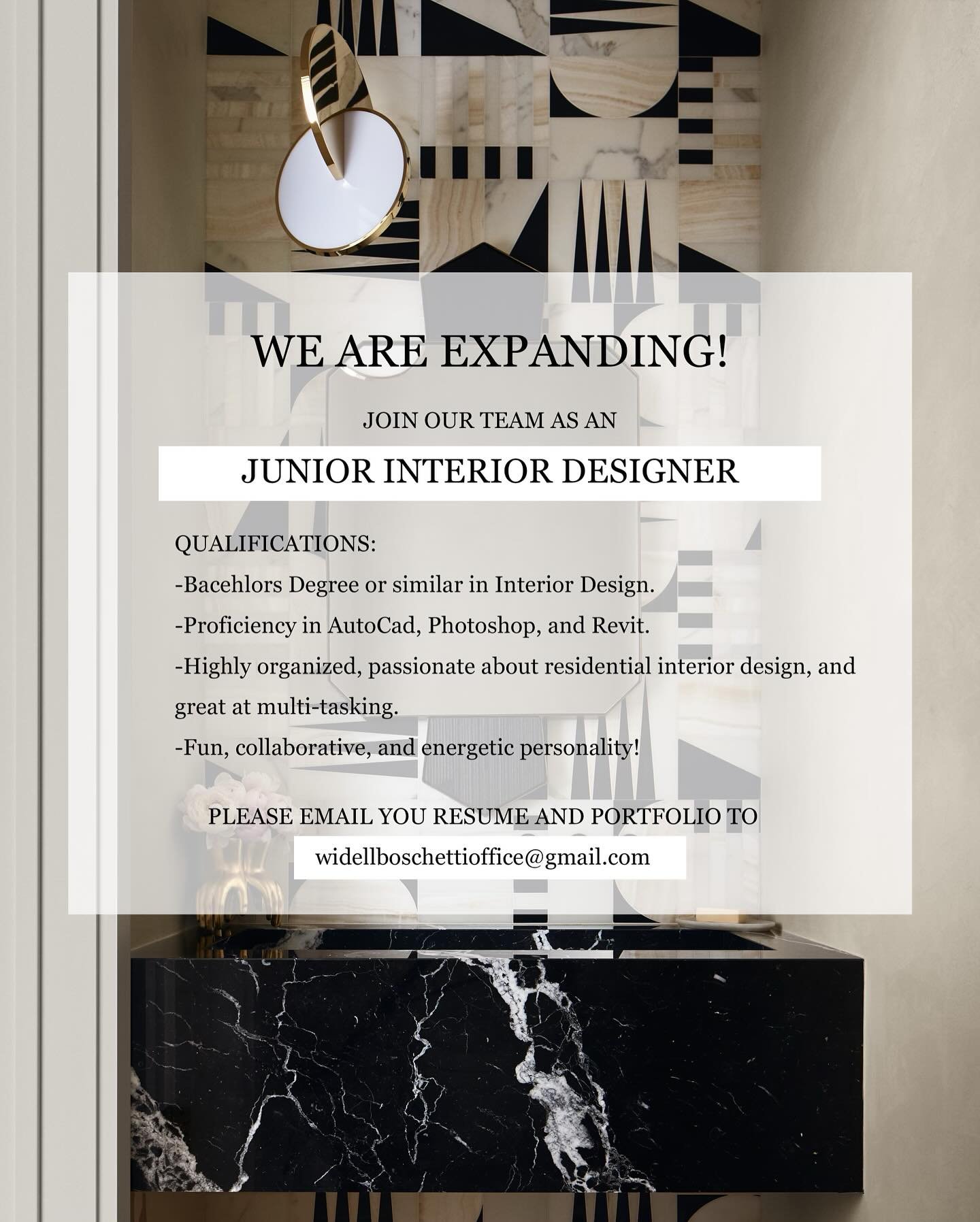 Join our team as a junior interior designer ! Please send r&eacute;sum&eacute; and portfolio to widellboschettioffice@gmail.com