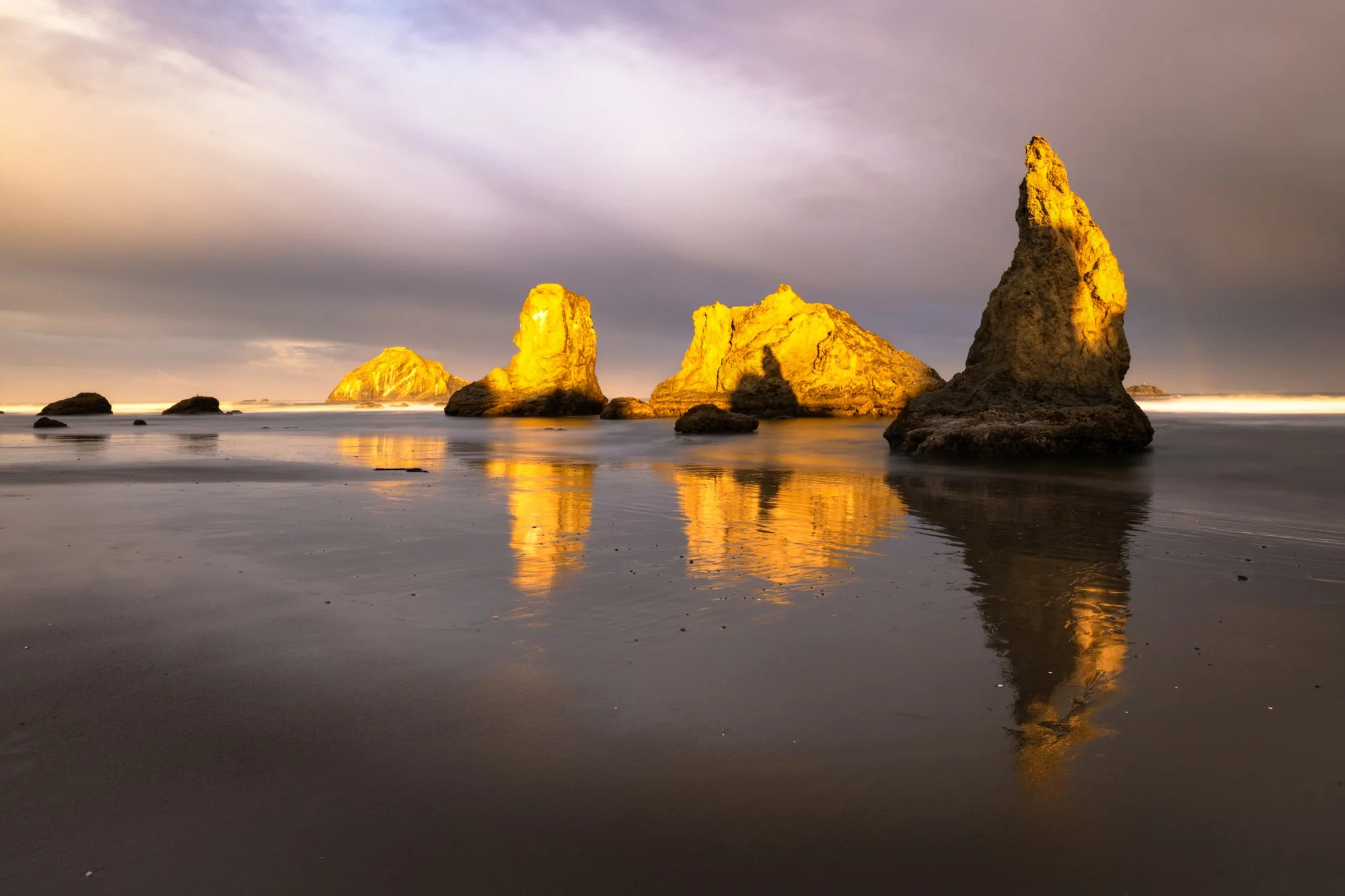 Long exposure of sunrise at Bandon Beach during photo workshop with Jennifer King
