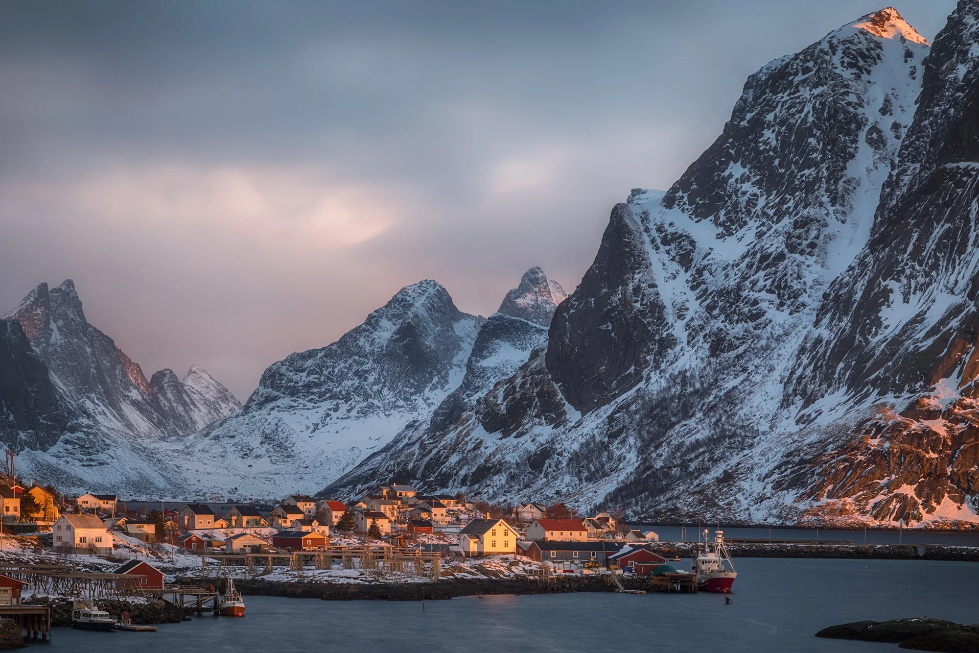 Early morning light along the town of Reine in the Lofoten Islands of Norway.