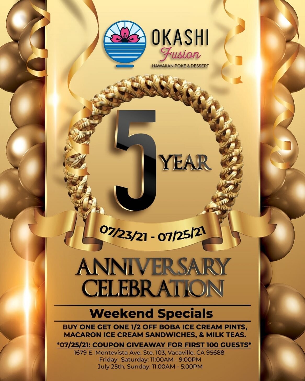 Come celebrate with us this weekend for 5th anniversary! 
.
.
We are offering: 
Buy one get one 1/2 off boba pint ice cream, macaron ice cream, and milk teas! 
.
First 100 customers will be able to participate in our coupon giveaway! 
.
.

#OkashiFus