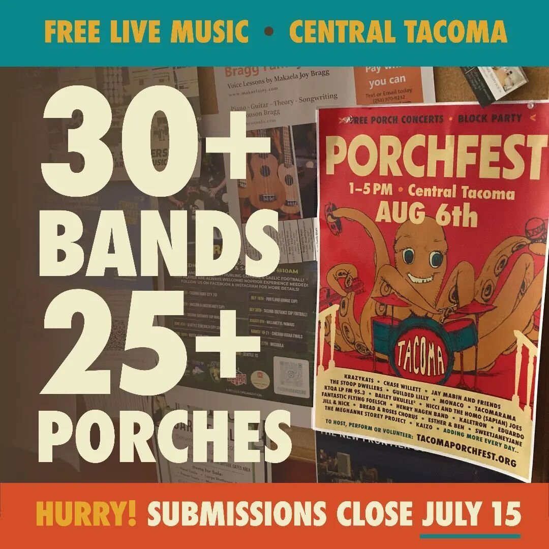 Tacoma Porchfest 🎸 Aug. 6th 1-5pm
Free 🧑🏿&zwj;🎤 Live Music Block Party 🎉  Central Tacoma
📌Last day to sign up for hosting!📌
Map &amp; more info: https://www.tacomaporchfest.org/
#weekend #tacomaporchfest #gritcity #gritcityporchfest #community