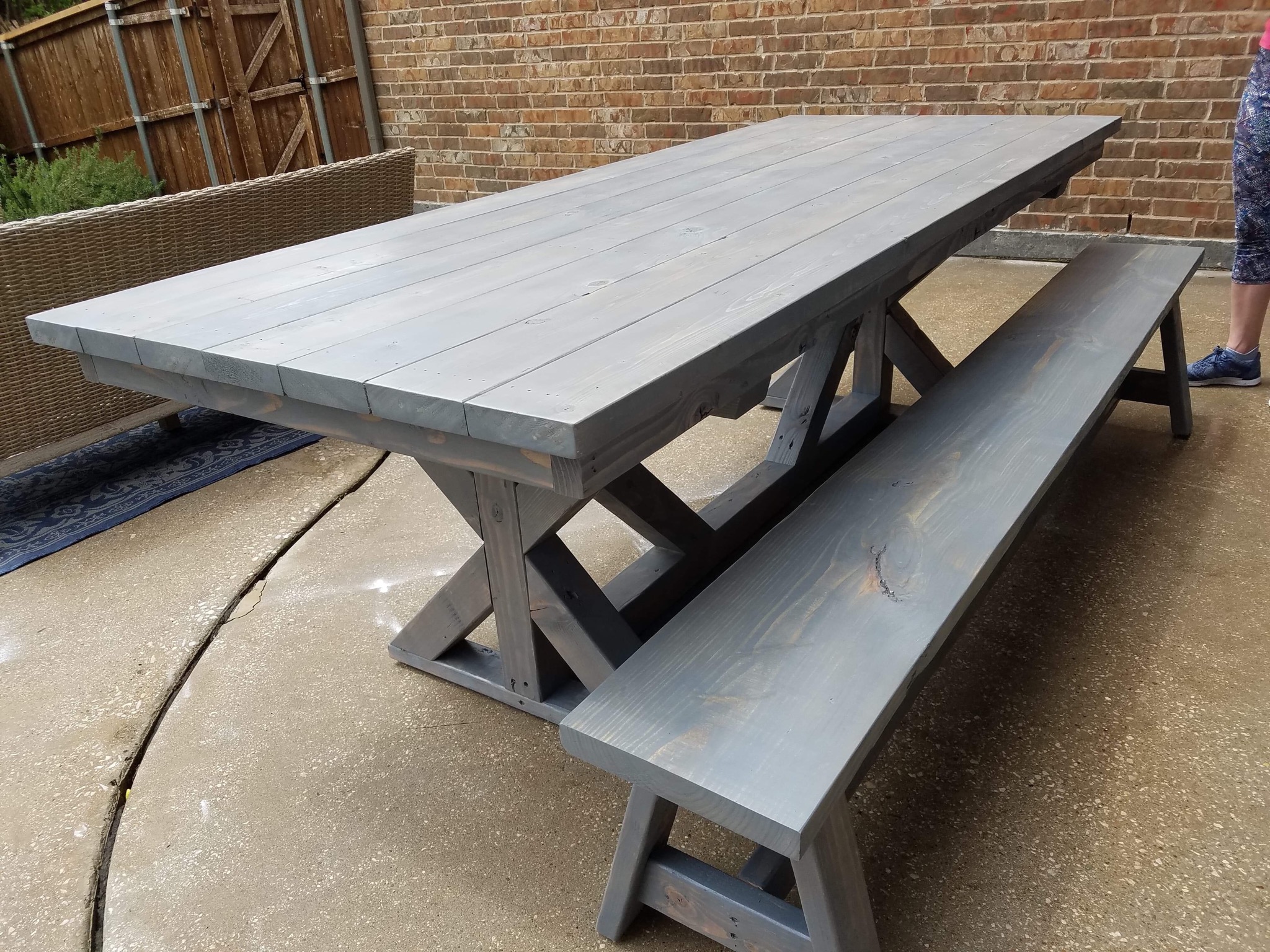 llight grey outdoor farm table with mathcing bench.JPG