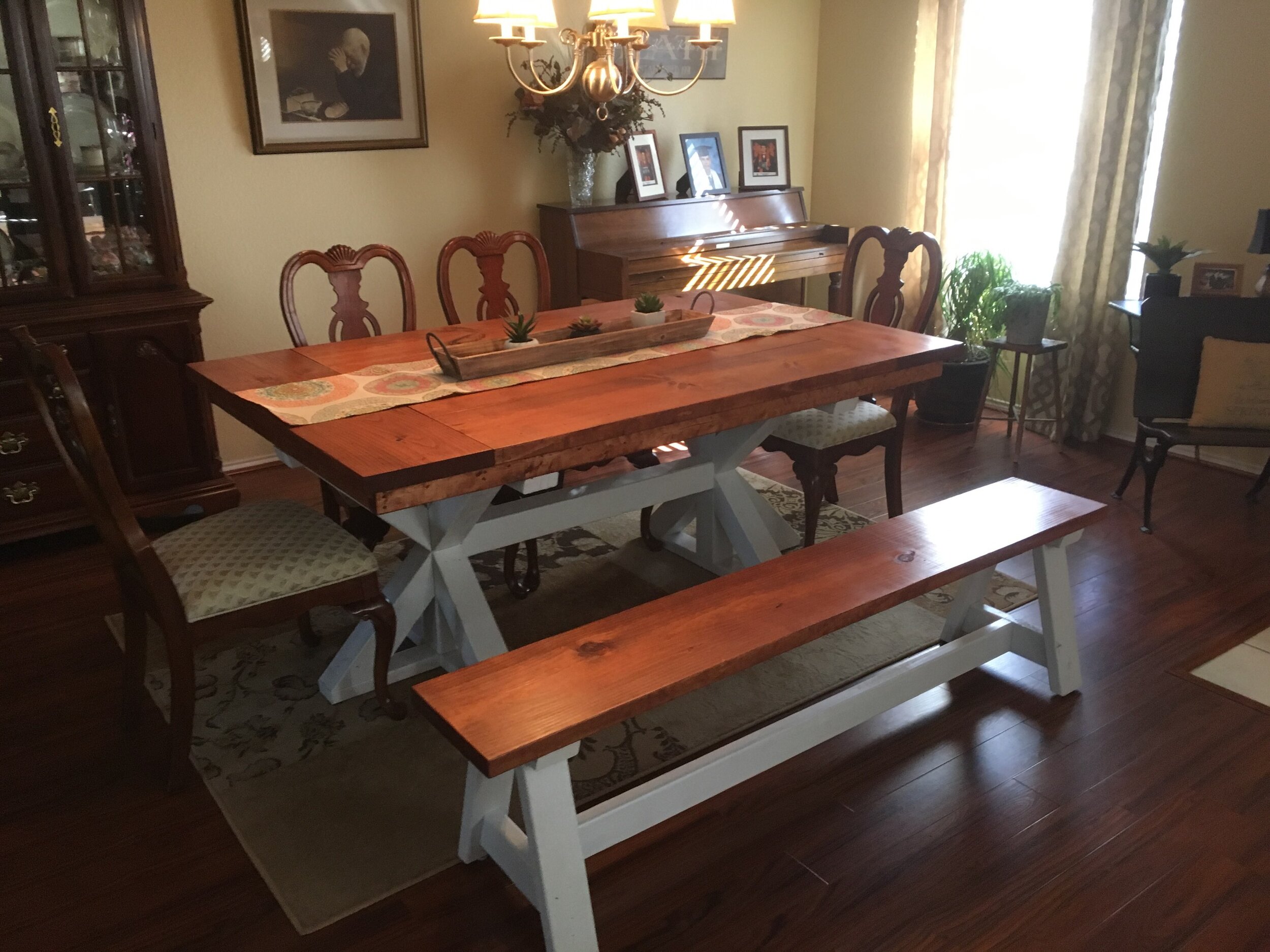 lhoney two tone breadboard end with matching bench.JPG