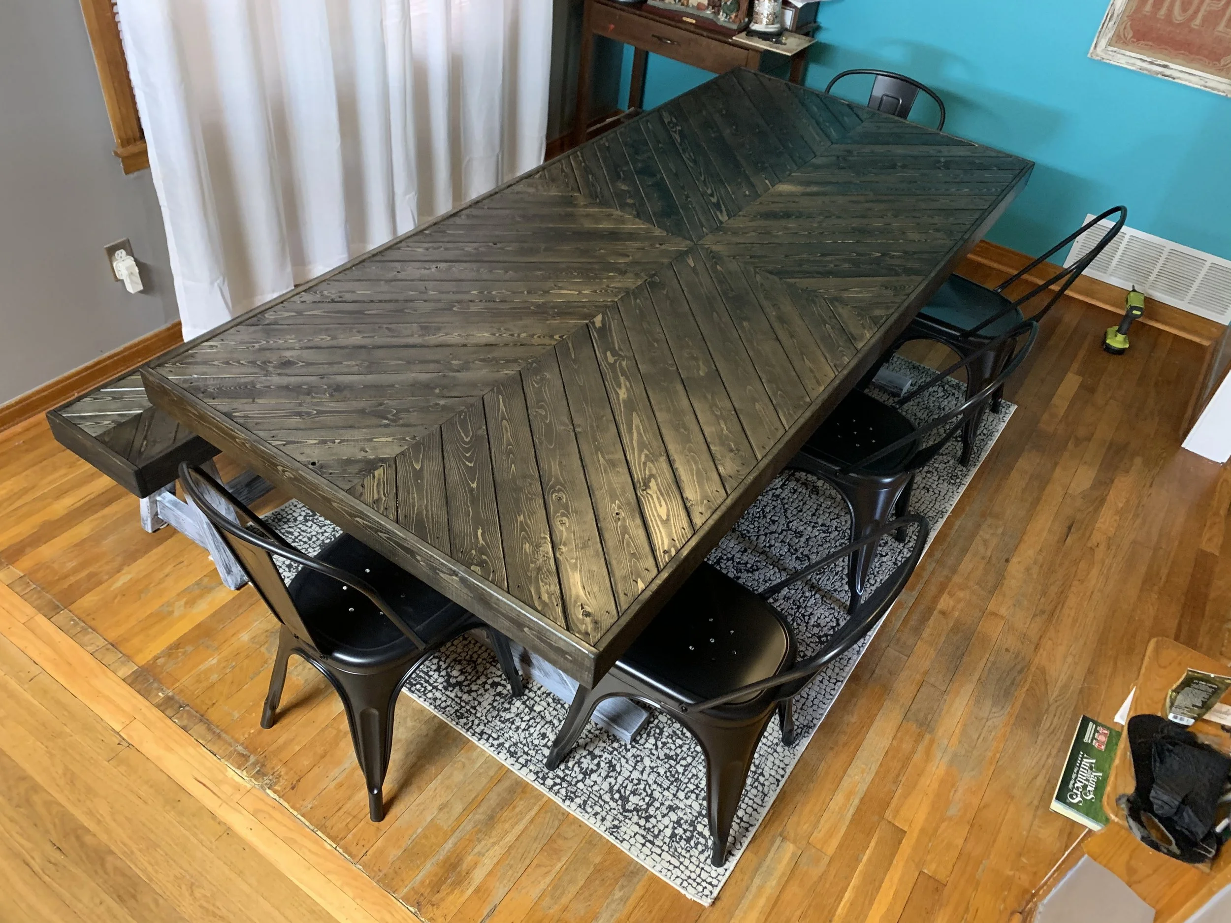 8ft herringbone table white base w matching bench.jpeg