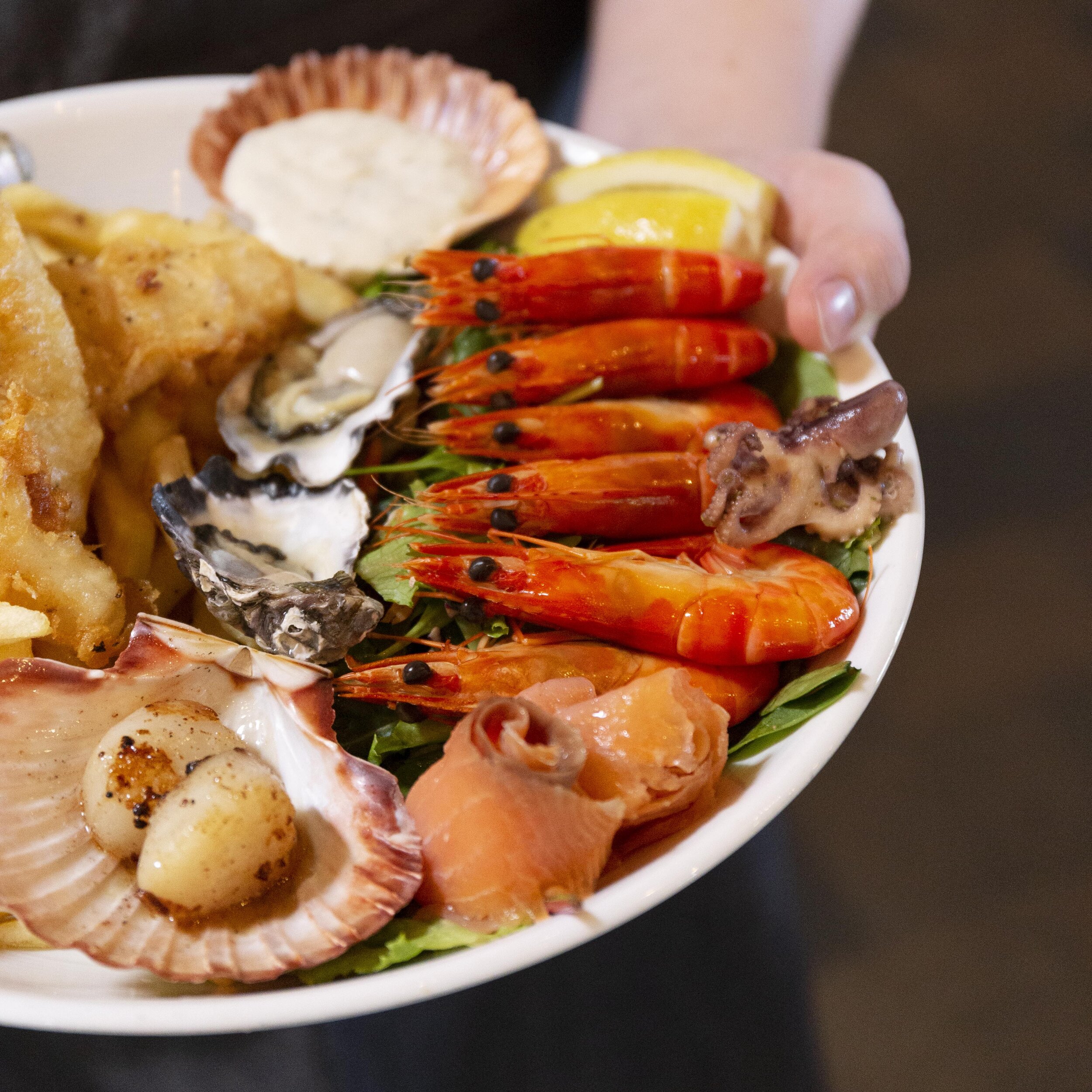 Seafood Platter for Two People ~ Prawns, Scallops, Oysters, Mussels, Squid, Battered Snapper, Smoked Salmon, Soft Shell Crab, Salad, The Butter Factory Fries