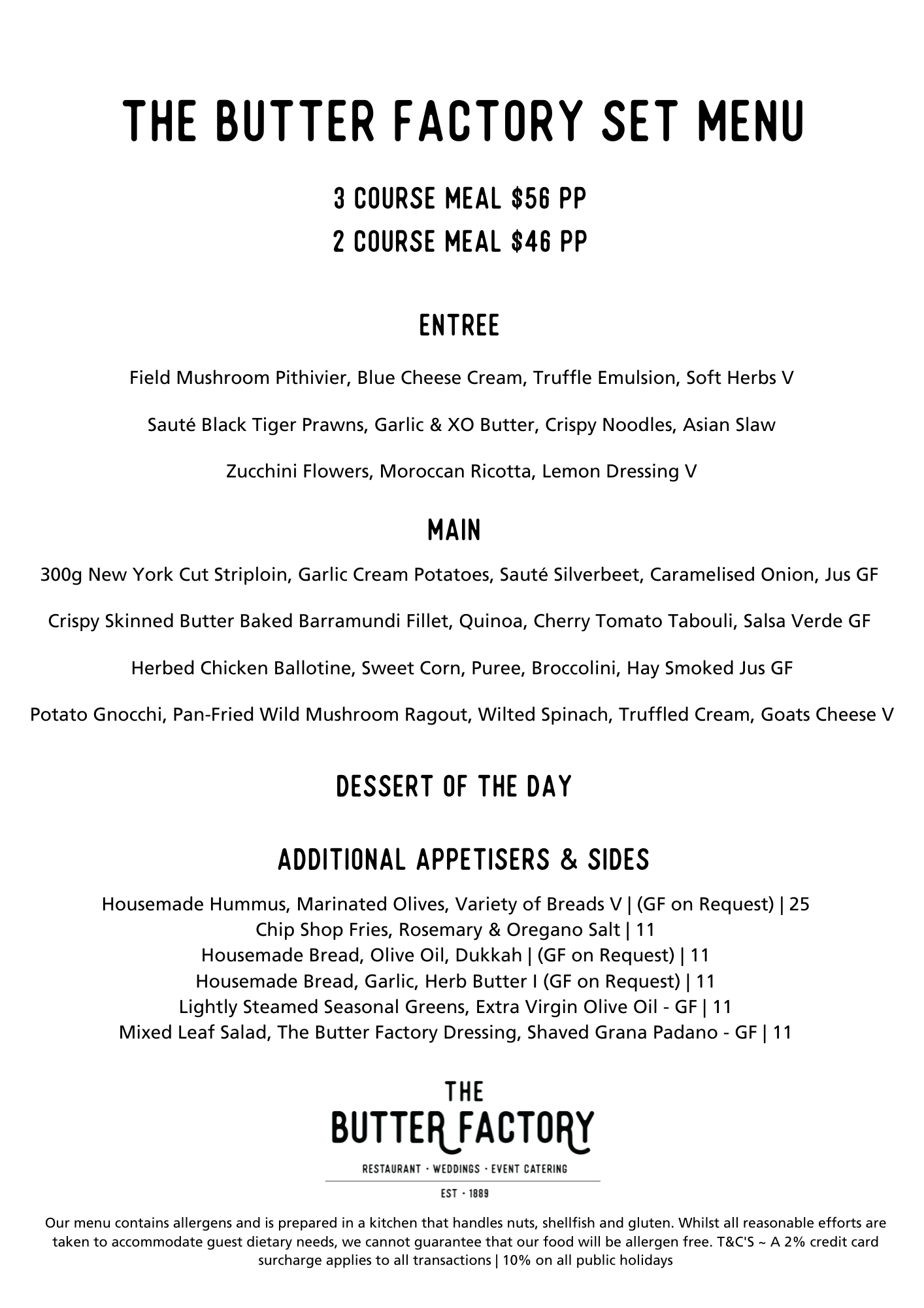 Group Bookings Menu — THE BUTTERFACTORY RESTAURANT