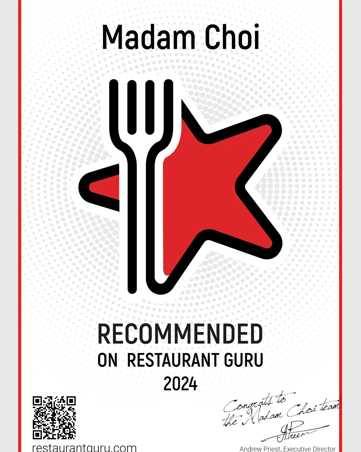 We are delighted to share Madam Choi has been awarded a Recommendation by #restaurantguru in 2024. Thank you! 😄