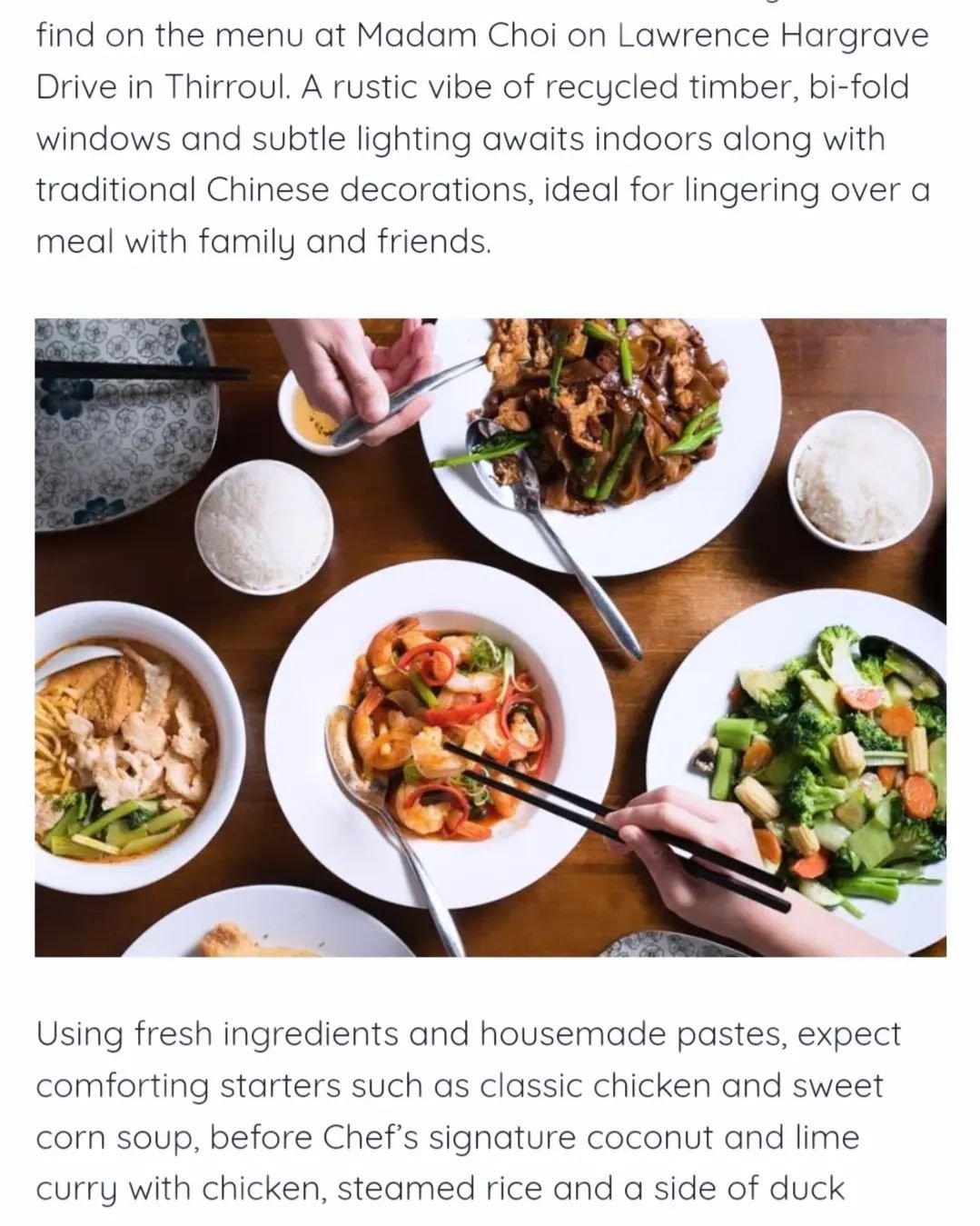 What a pleasant surprise!!!
It is a great honour for Madam Choi to be chosen as Aussie comfort food choices published in AGFG!

https://www.agfg.com.au/article/5-venues-where-food-equals-comfort1?fbclid=PAZXh0bgNhZW0CMTEAAaYOtr2lVTfVIGBbjglmMfeNeNjJl