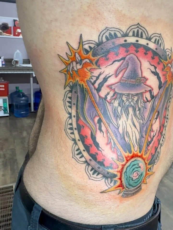 THE WIZARD still fresh and bloody. Huge thank you to Mr. Nicholas for sitting like a rock for three full sessions!!
.
.
.
#tattoo #tattoos #iowatattooartist #cedarrapidstattoo #traditionaltattoo