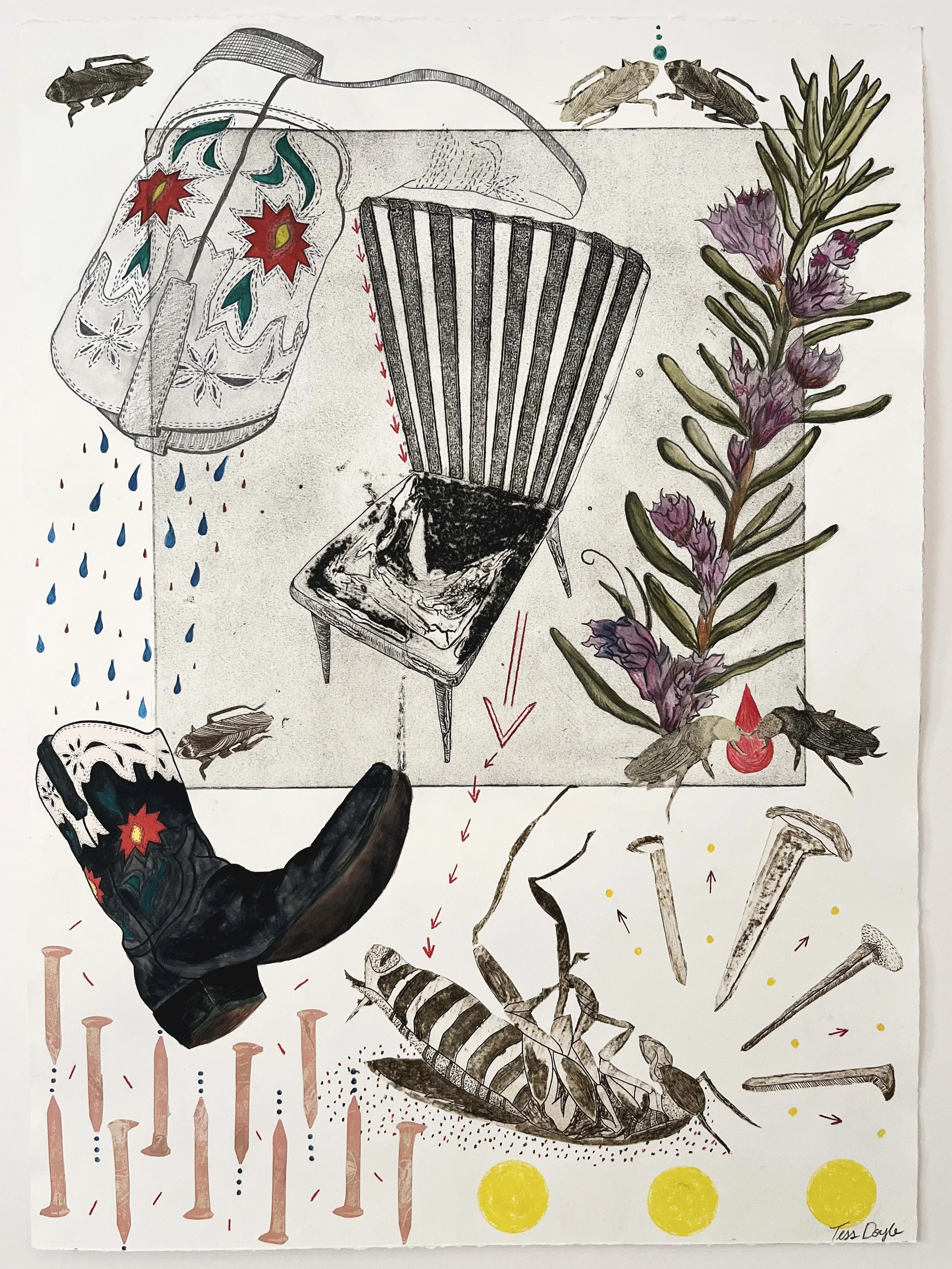  Collagraph print, gouache, water-color, graphite, collage, screenprint. 