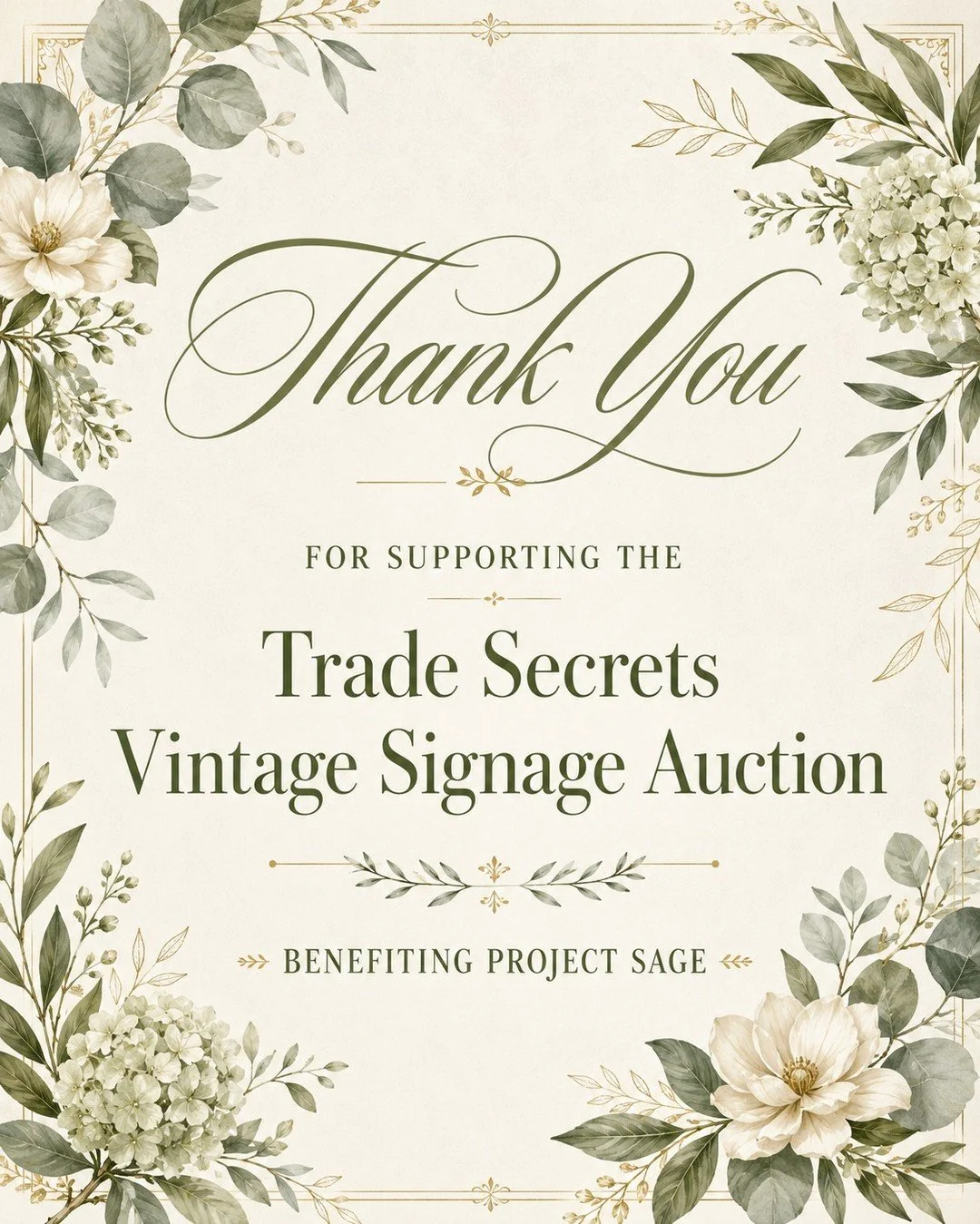 Thank you for making the Trade Secrets Vintage Signage Auction such a special success.

We are so grateful to everyone who browsed, bid, shared, and helped give these original, hand-painted Sunday Sale signs a new life. Each piece carries a bit of Tr