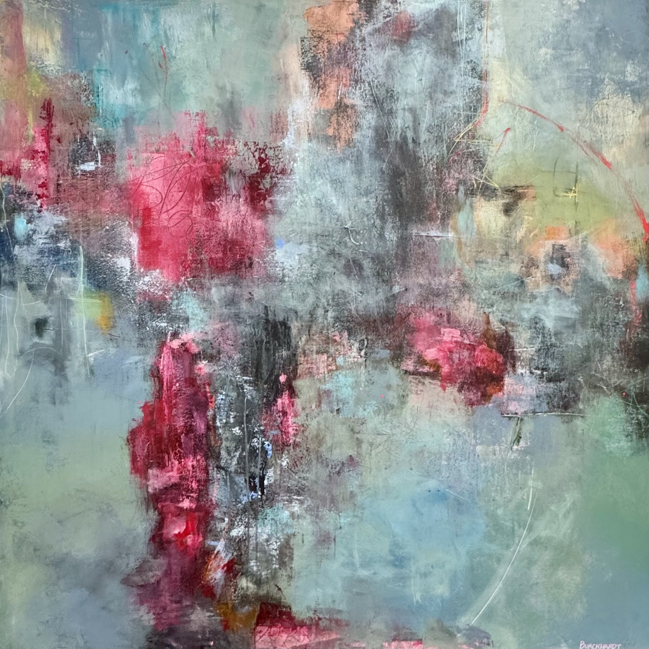 Lawnmower Meditating on the Meaning of Green by Rebecca Burckhardt, 40x40, Acrylic, $1950