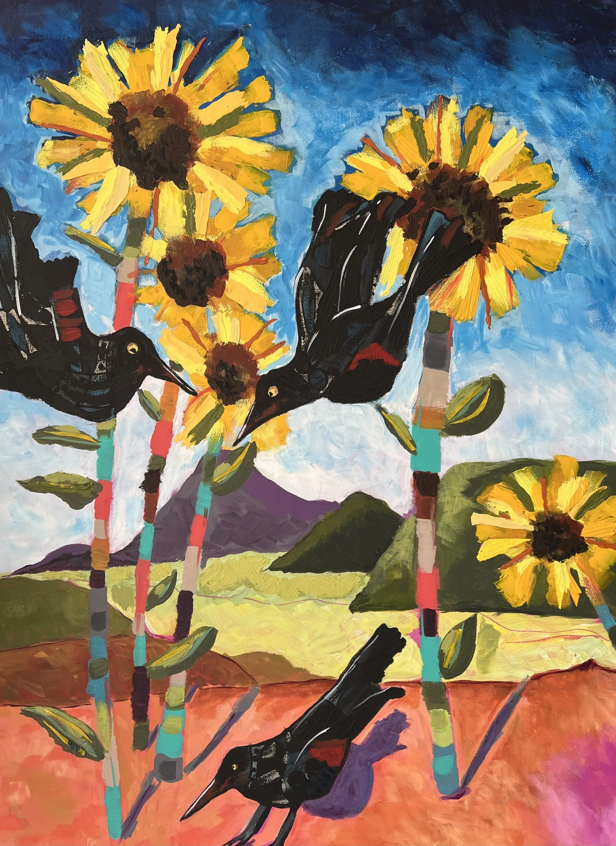Returning Sunflowers and the All Knowing Ravens by Kate Dulaney, Acrylic, 30x40, $1600