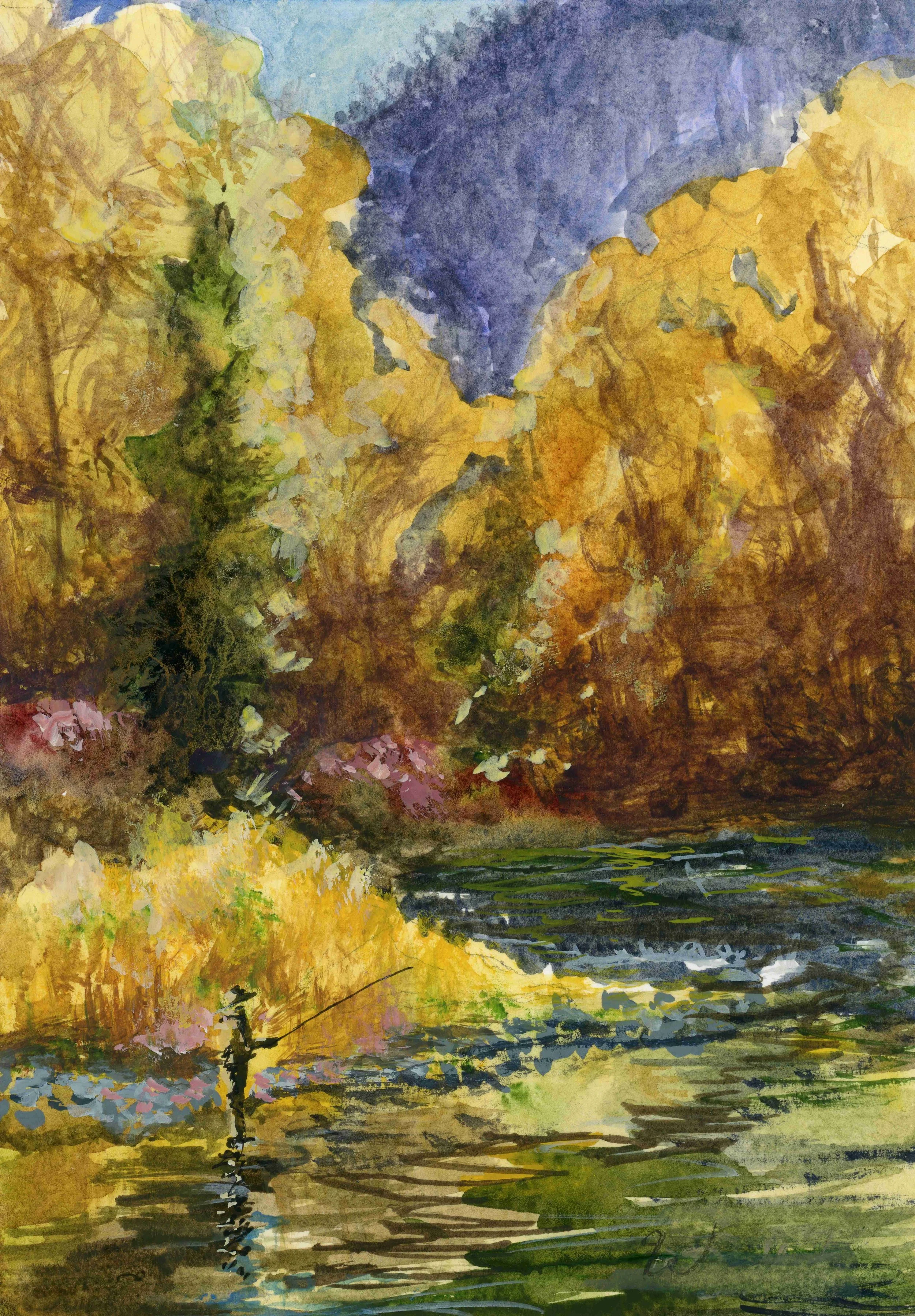 Casting into Autumn Currents by Sandy White, Watercolor, 7x5, $165