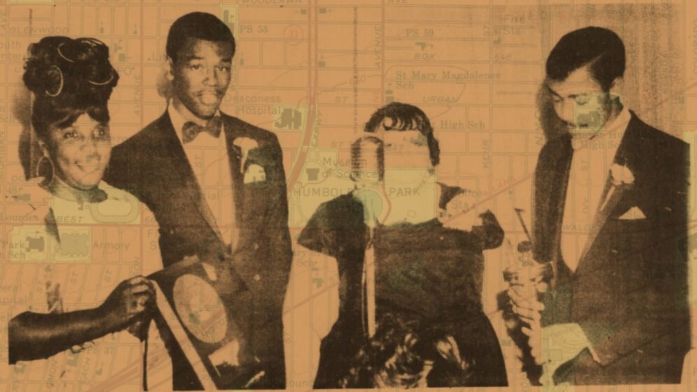 Thelka McCall, Gary Bryd, Joyce Allen, and Jerry Bledsoe at the Hotel Lafayette in 1964 during a celebration for Radio Station WUFO. (Criterion)