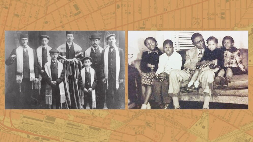 In the left photograph, wearing a bowler, is Cantor Samuel Arluck, his son Hyman, known as Harold Arlen, stands in front of him. In the right photograph Reverend C.L. Franklin sits center. His daughter Aretha is on the far right.