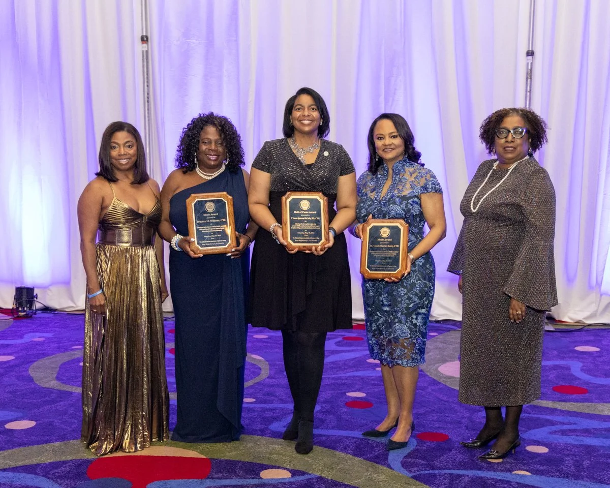  Pictured L to R: NAASC Nominations Chair, Veronica Leonard, C’87; 2023 Merit Award Recipient, Brucetta Williams, C’88; 2023 Hall of Fame Award Recipient, E. Vanessa Spearman-McCarthy C’2001; 2023 Merit Award Recipient Valerie Rawls-Cherry C’80; and NAASC President, Keva Wright-Berry C’79   