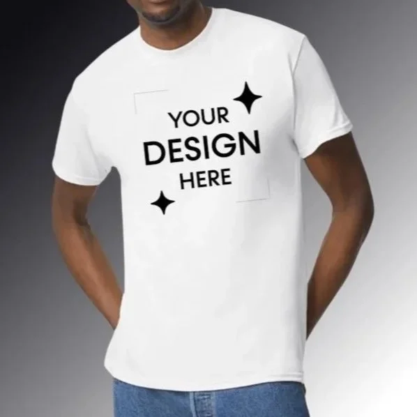 White T-shirt with 'Your Design Here' placeholder text.