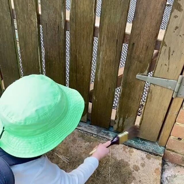 A paint brush and a bucket of water provides an opportunity for children to express themselves on the fence. This activity is more often done in summer but as a child requested it we set it up today.