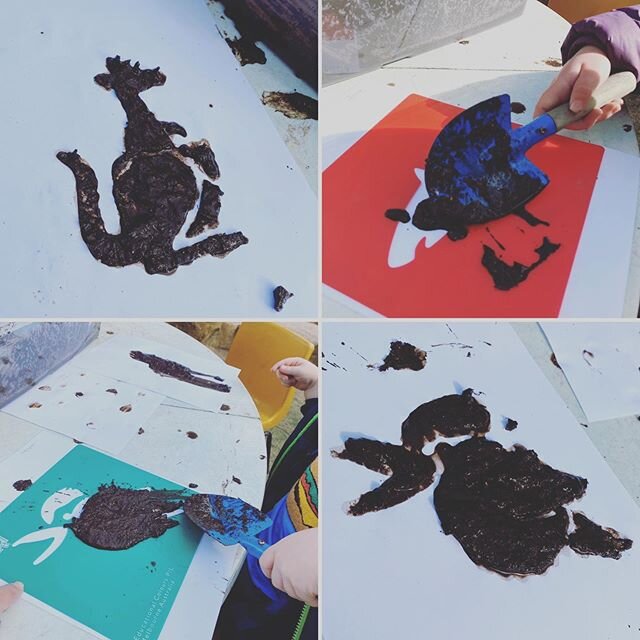 Today we used mud to create stencil pictures. We placed a plastic stencil onto paper and then spread the mud over it. We then carefully lifted the stencil up to reveal the shape below.