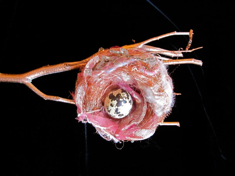 Pink copper, pink Irish wool, pink silk, copper branches, real robin’s egg.