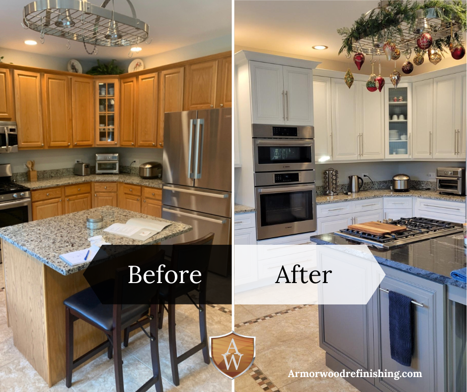 Before and After Refacing West Chicago White Kitchen Cabinets Handles Refinishing ArmorWood