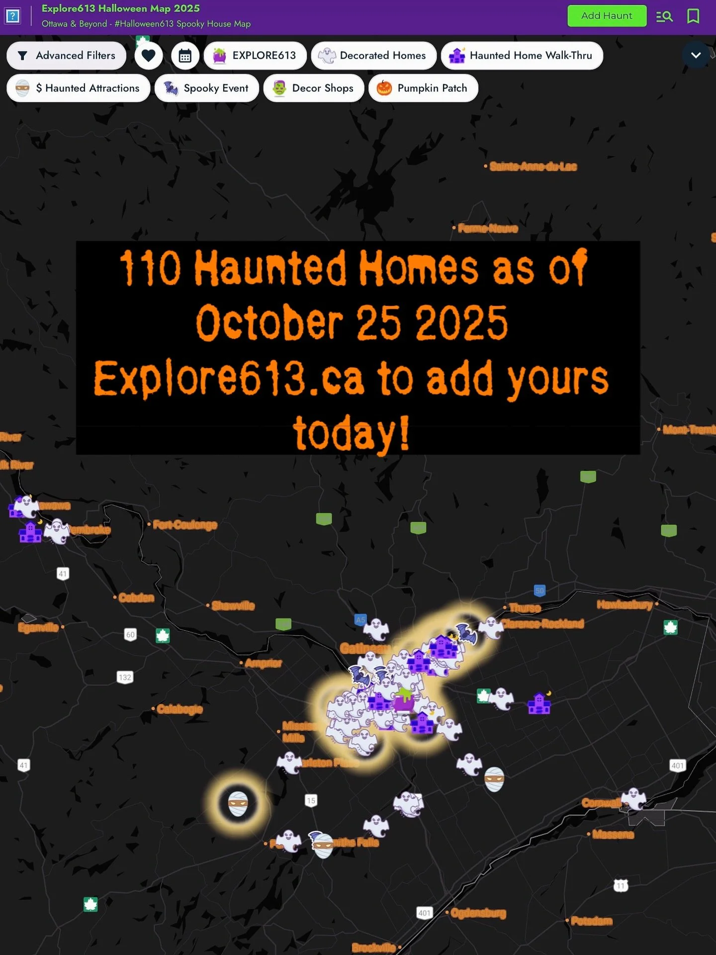🎃 This is what 110 spooky homes looks like on the Halloween 613 Map! 👻
Officially glowing all across the region, from Cornwall to Petawawa, Ottawa to Orleans, and everywhere else in the 613 💜🧡
👻 A few quick FAQs:
🔸 The glowing circles show ho