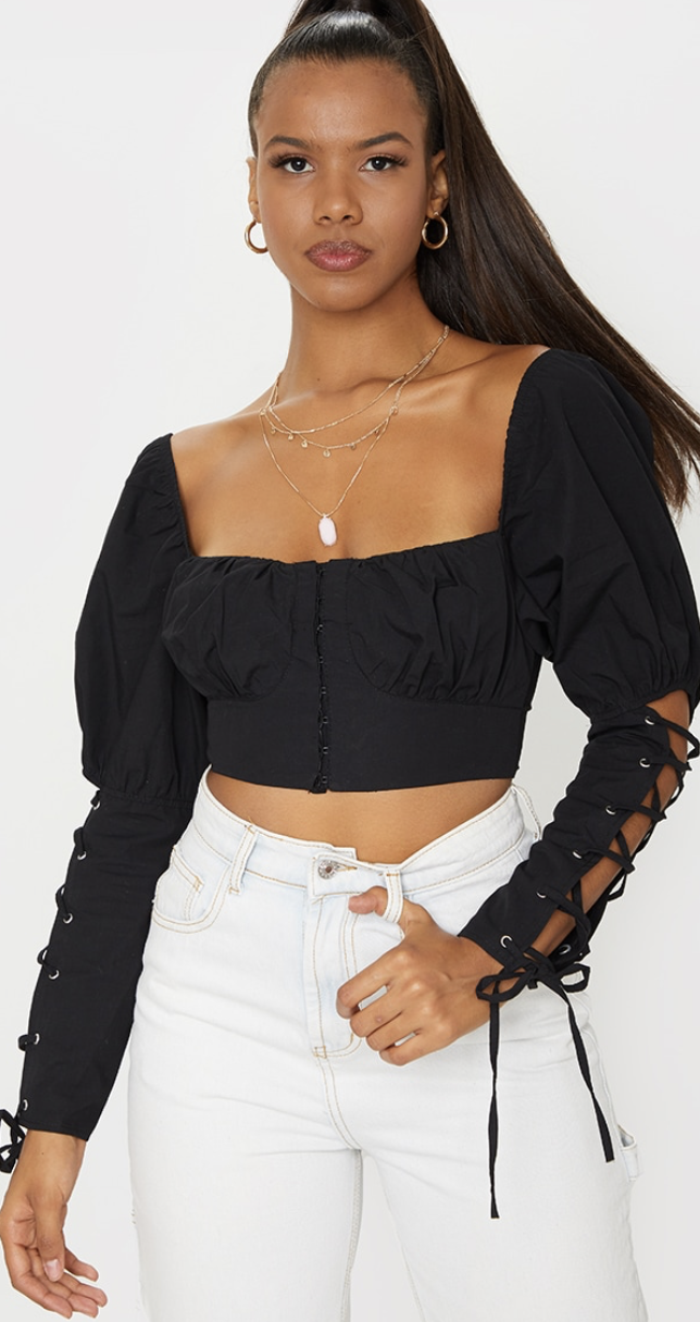 Black Woven Sleeve Crop Top