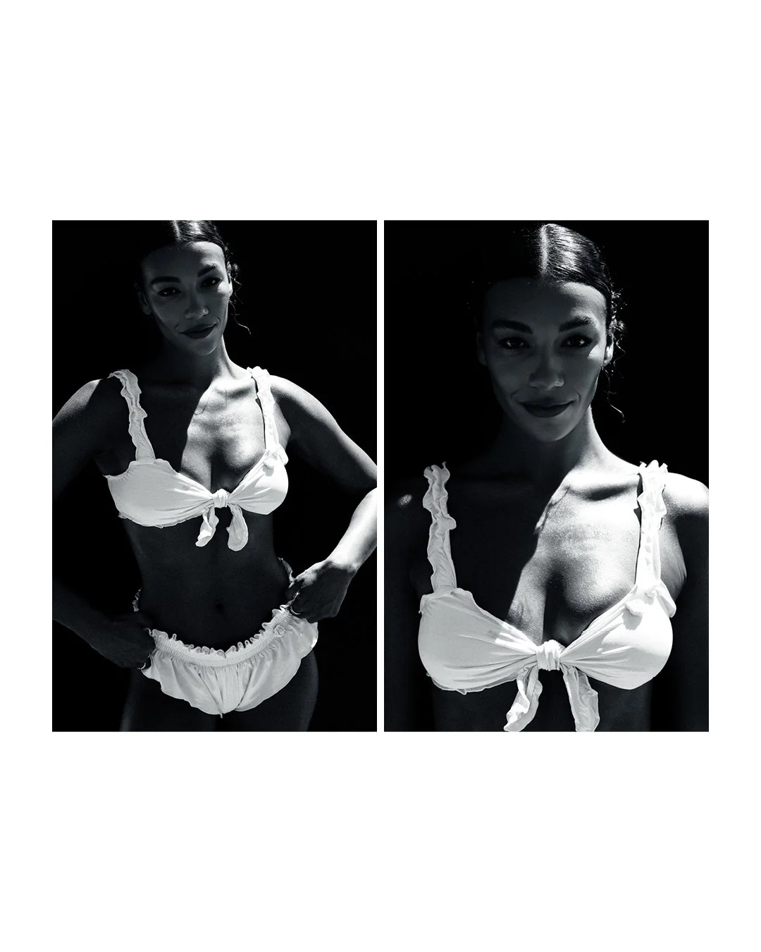 Black and white edited photo collage of model in white swimwear